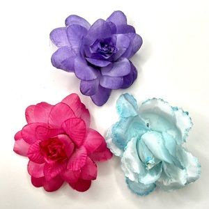 Blue, Purple & Pink Flower Hair Clips (Set of 3)